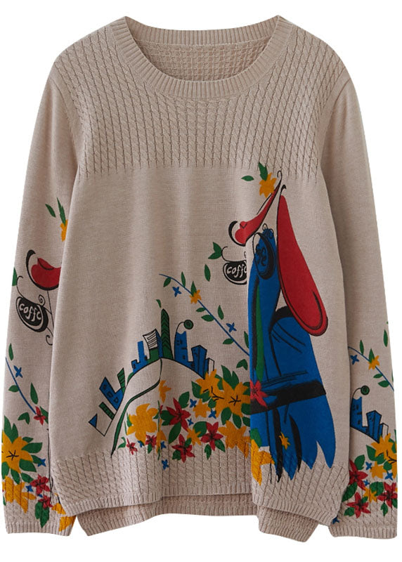 Khaki Side Open Print Knit Sweaters Winter