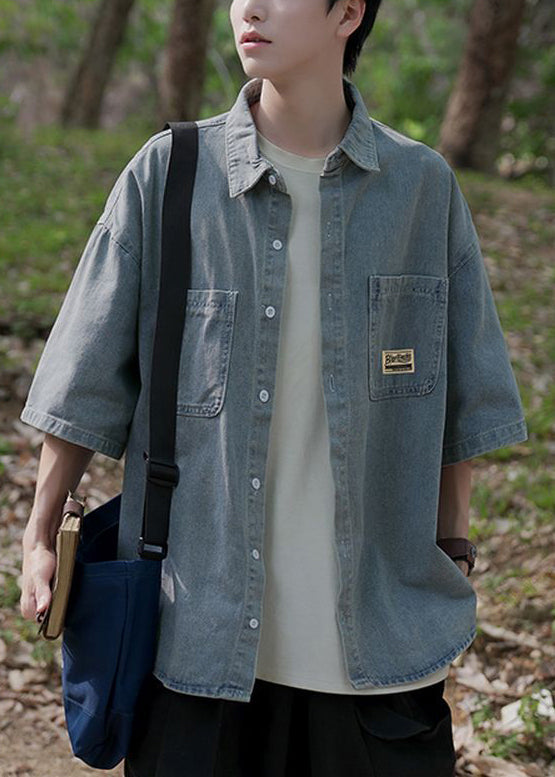 Light Blue Peter Pan Collar Button Pockets Denim Shirts Summer