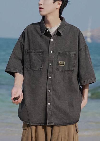 Light Blue Peter Pan Collar Button Pockets Denim Shirts Summer
