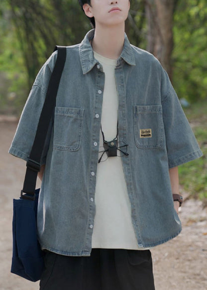 Light Blue Peter Pan Collar Button Pockets Denim Shirts Summer