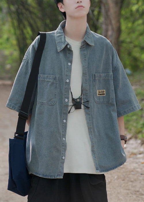 Light Blue Peter Pan Collar Button Pockets Denim Shirts Summer