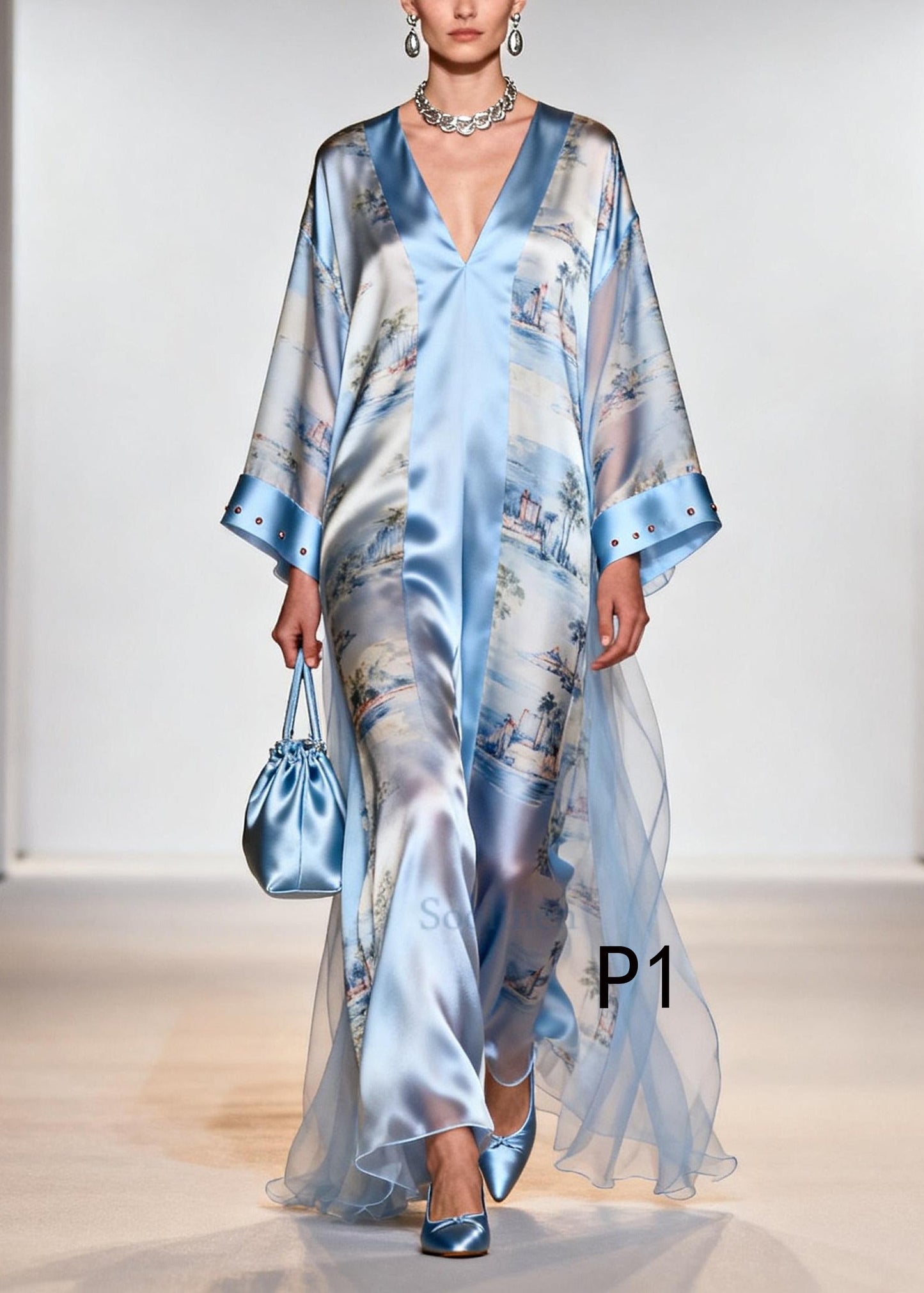 Light Blue Print Tulle Patchwork Rhinestone Dresses Summer
