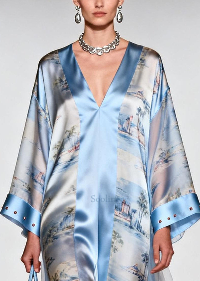 Light Blue Print Tulle Patchwork Rhinestone Dresses Summer