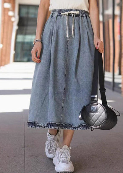 Light Blue Ruffled Elastic Waist Denim Skirt Summer