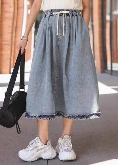 Light Blue Ruffled Elastic Waist Denim Skirt Summer