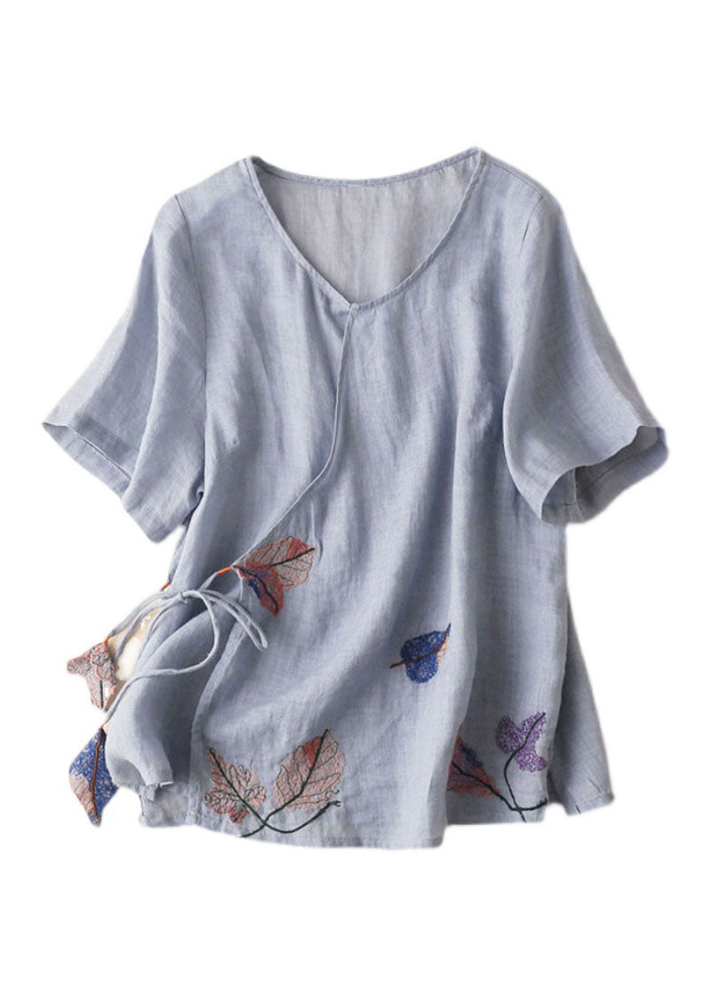 Light Blue V Neck Embroideried Tie Waist Cotton Linen Top Short Sleeve