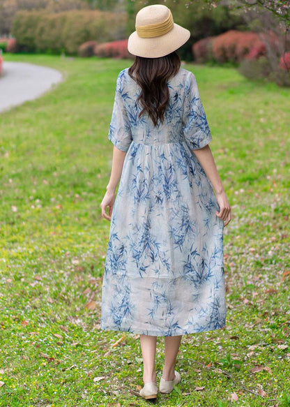 Light Blue V Neck Print Tie Waist Linen Holiday Dress Half Sleeve