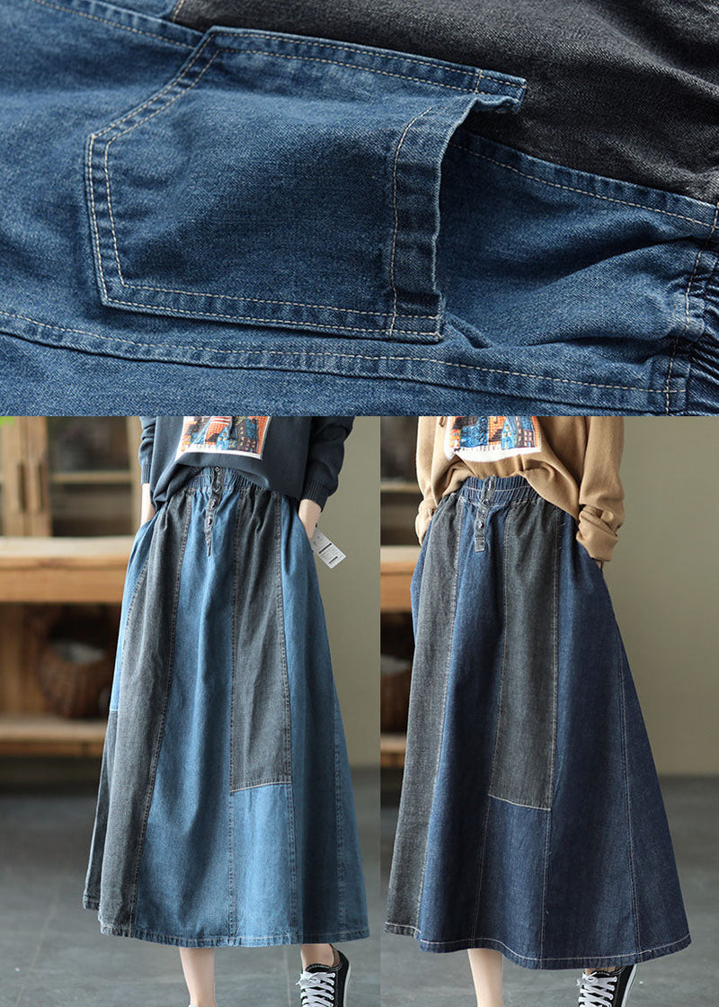 Light Blue Pocket Patchwork a Line Skirt Spring