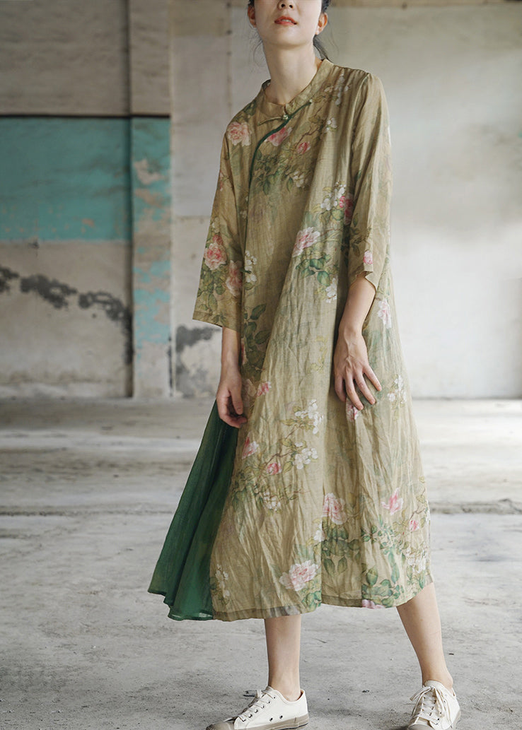 Light Green Mandarin Collar Print Patchwork Linen Dress Three Quarter Sleeve
