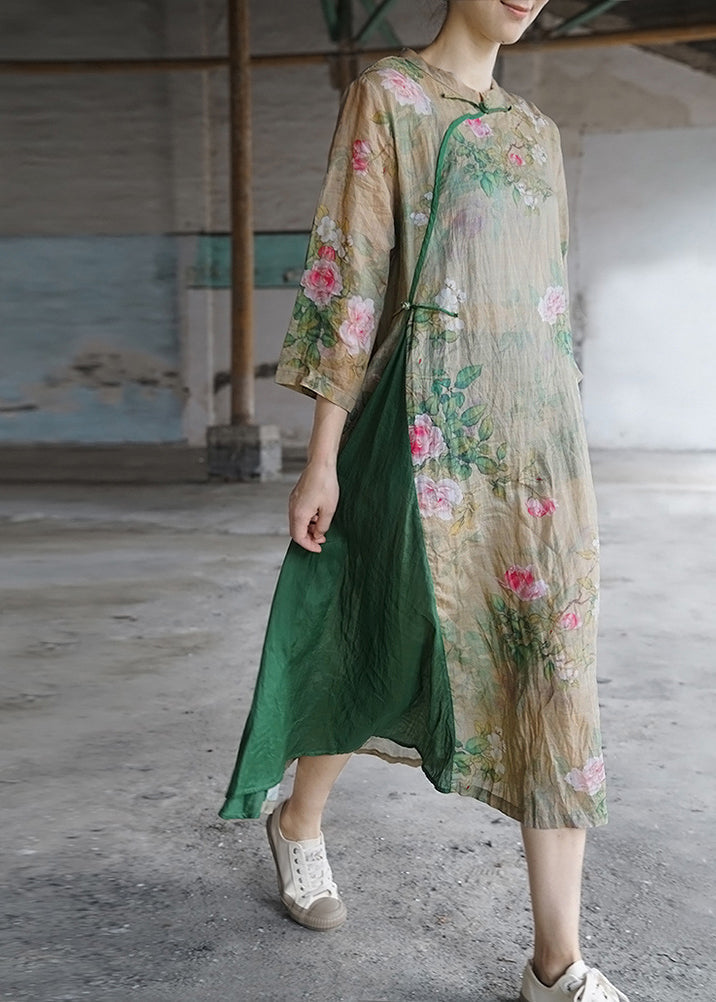 Light Green Mandarin Collar Print Patchwork Linen Dress Three Quarter Sleeve