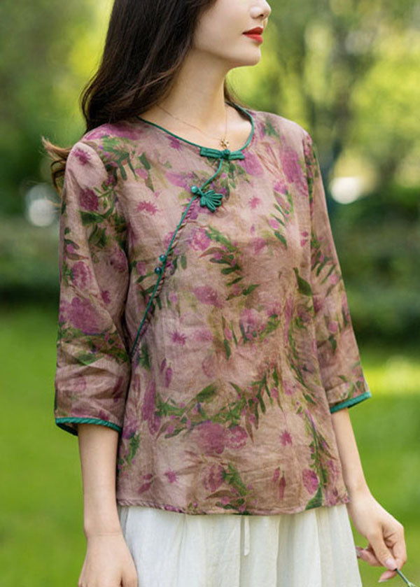 Light Green O Neck Print Linen Shirts Bracelet Sleeve