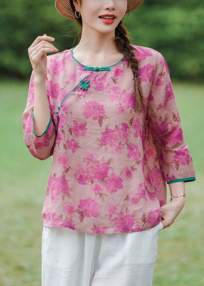 Light Green O Neck Print Linen Shirts Bracelet Sleeve