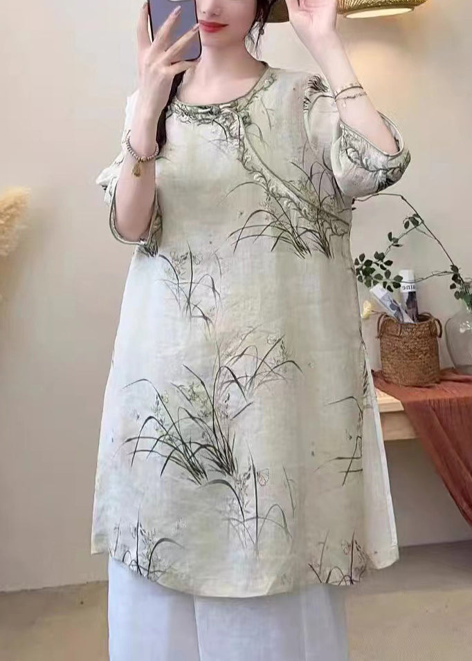 Light Green Print Side Open Linen Shirt Half Sleeve