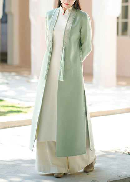 Light Green Tasseled Pockets Side Open Woolen Coat Fall