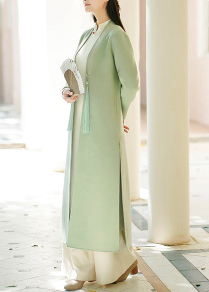 Light Green Tasseled Pockets Side Open Woolen Coat Fall