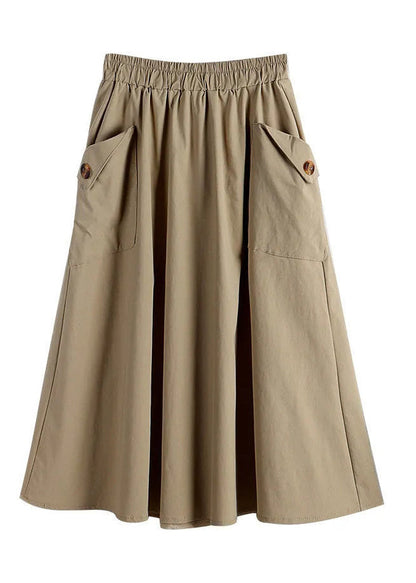 Light Khaki Button Pockets Faux Leathe a Line Skirts Summer