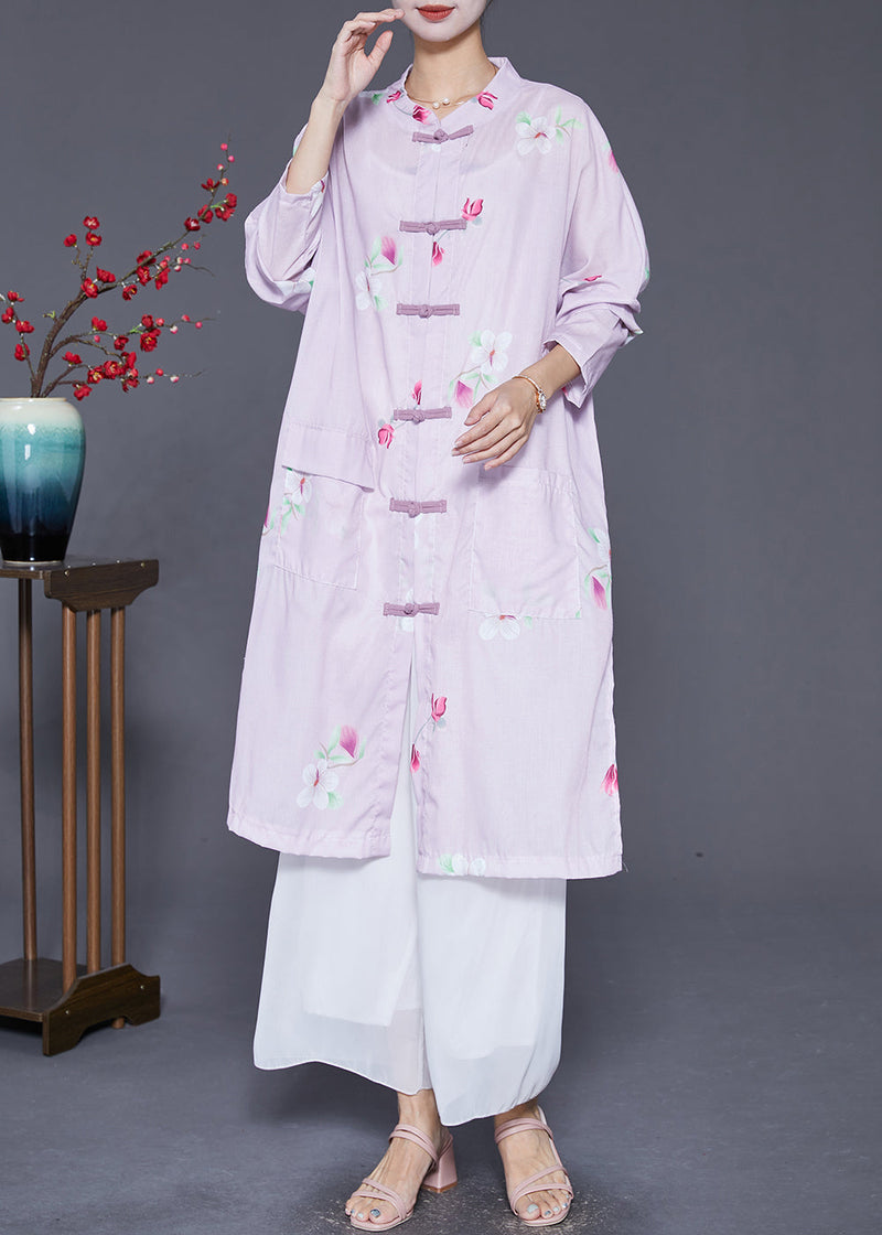 Light Purple Print Chinese Button Linen Shirt Dress Fall