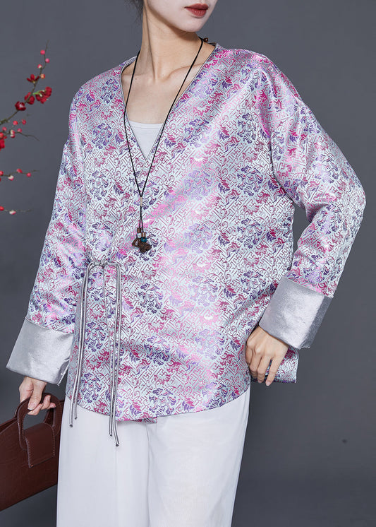 Light Purple Tasseled Print Silk Coats Spring