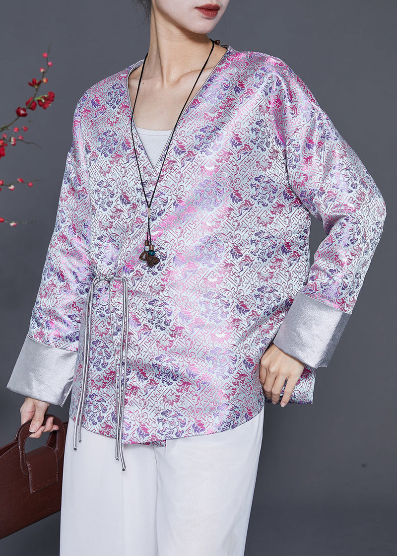 Light Purple Tasseled Print Silk Coats Spring