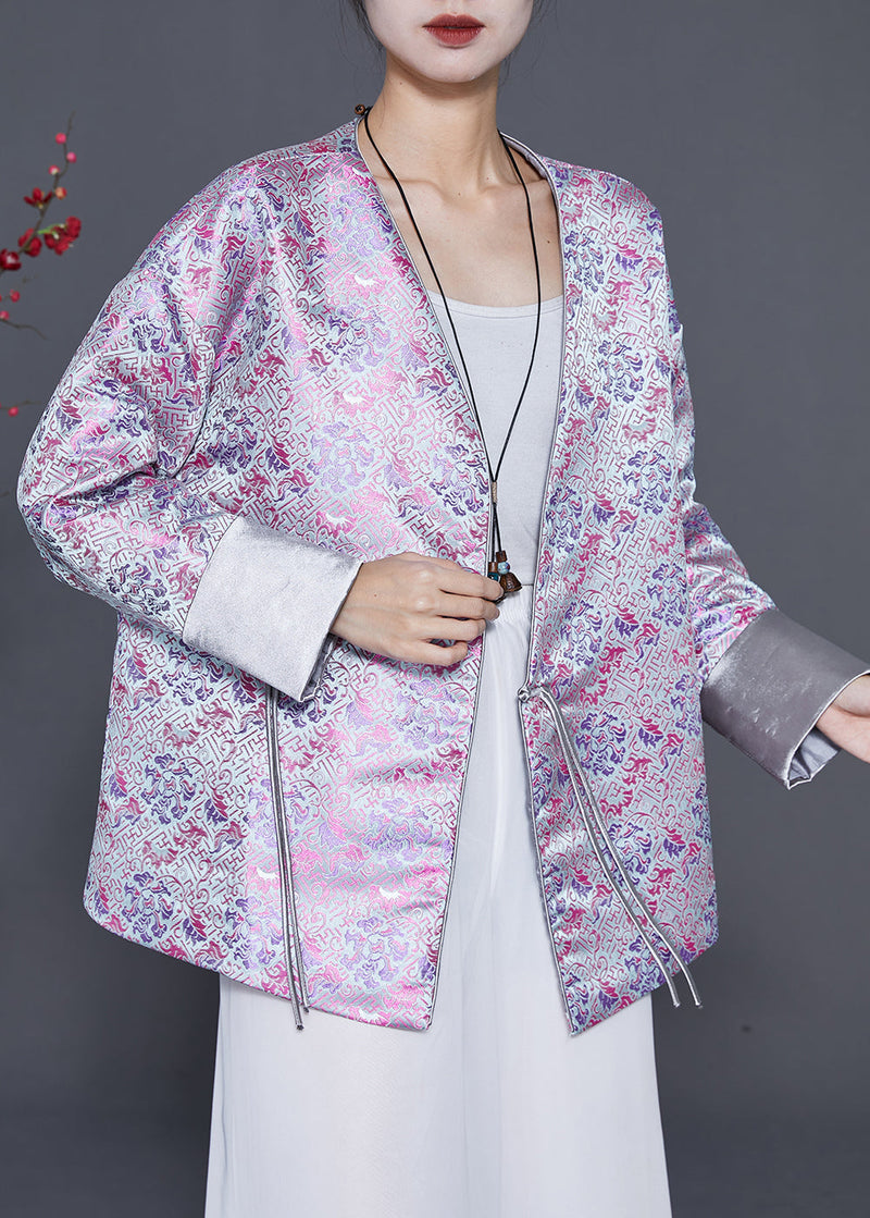 Light Purple Tasseled Print Silk Coats Spring