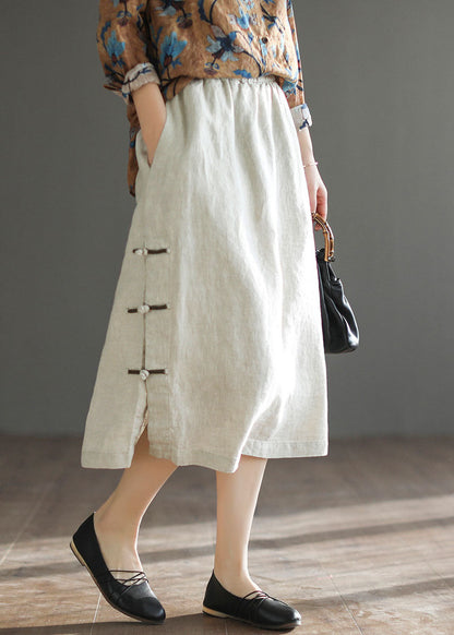 Linen Color Elastic Waist Side Open Oriental Button Linen Skirt Summer