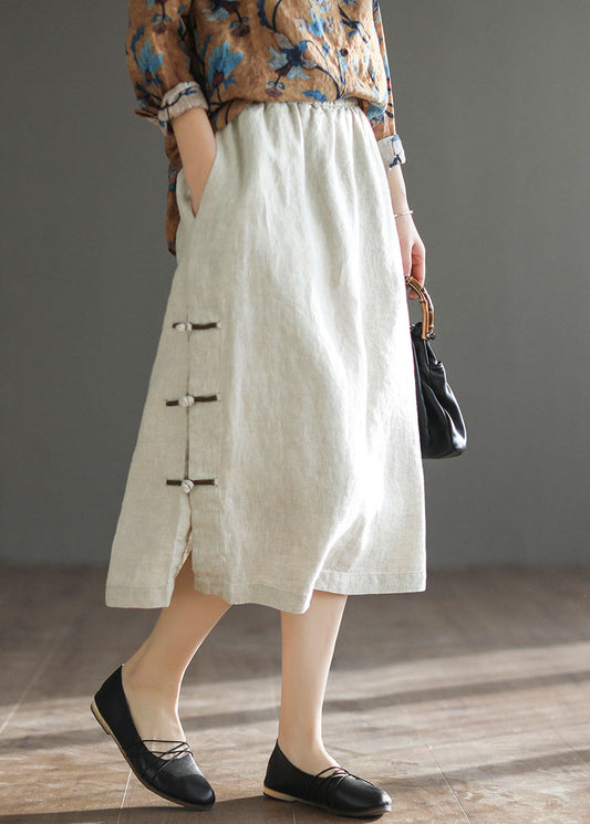 Linen Color Elastic Waist Side Open Oriental Button Linen Skirt Summer