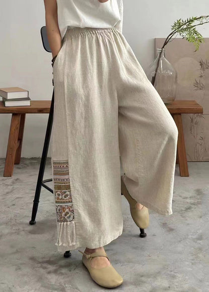 Linen Embroidered Pockets Elastic Waist Cotton Wide Leg Pants Summer