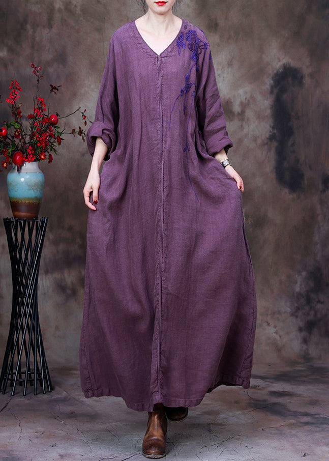 Llight Purple V Neck Asymmetrical Patchwork Linen Ankle Dress Long