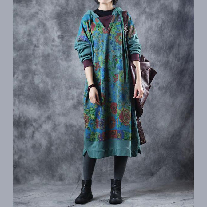 Loose Hoodie Print Long Fleece Dresses