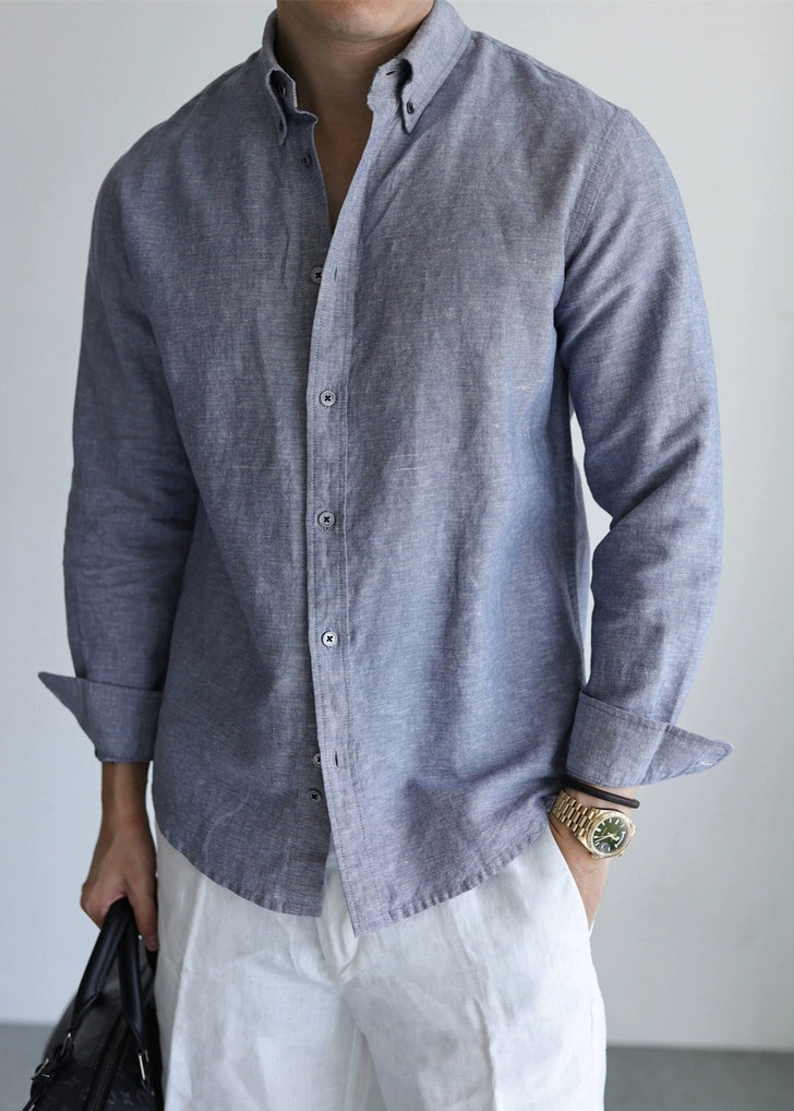 Mist Gray Peter Pan Collar Button Linen Shirts Fall