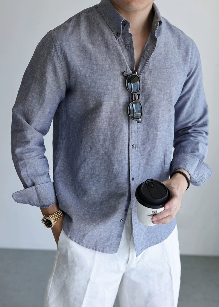 Mist Gray Peter Pan Collar Button Linen Shirts Fall