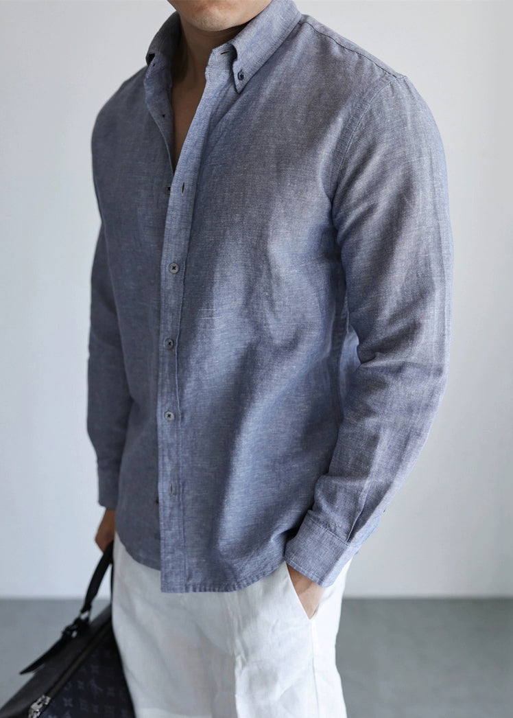 Vintage Mist Gray Peter Pan Collar Button Linen Men Shirts Fall