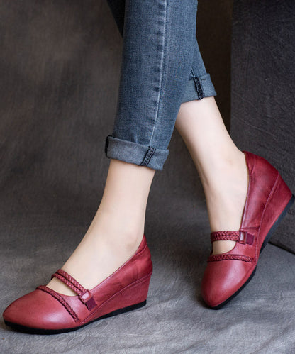 Mulberry Cowhide Wrinkled Leather Splicing High Wedge Heels