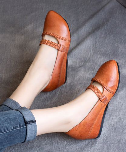 Mulberry Cowhide Wrinkled Leather Splicing High Wedge Heels
