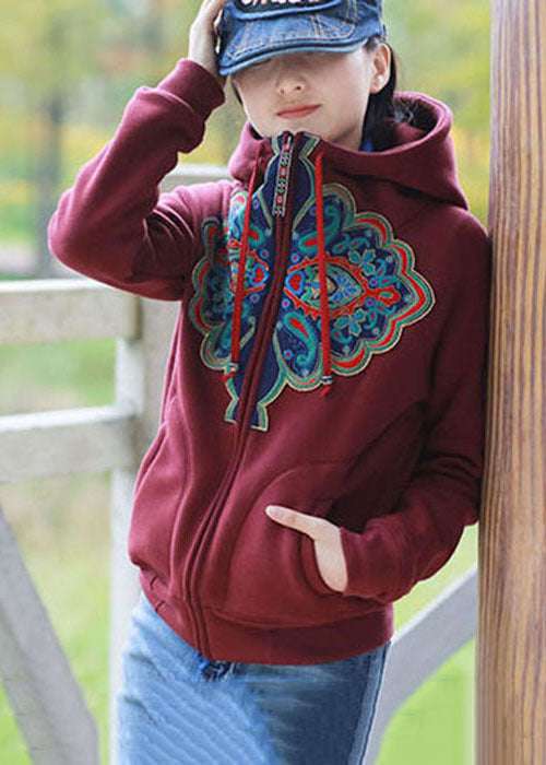 Mulberry Hooded Embroideried Warm Fleece Jacket Winter