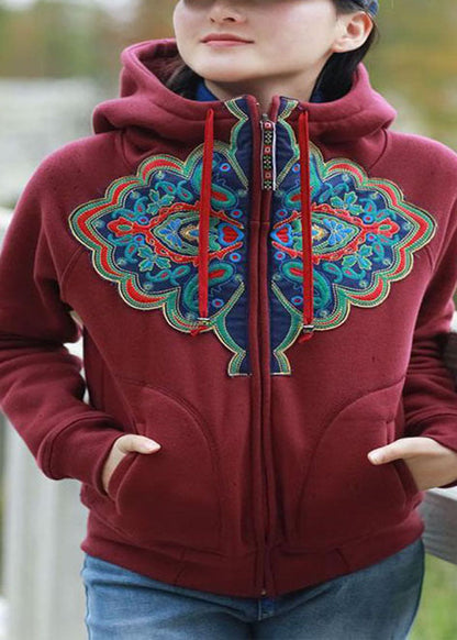 Mulberry Hooded Embroideried Warm Fleece Jacket Winter