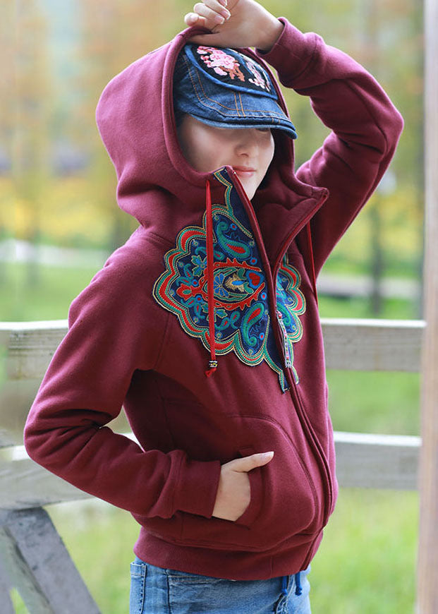 Mulberry Hooded Embroideried Warm Fleece Jacket Winter