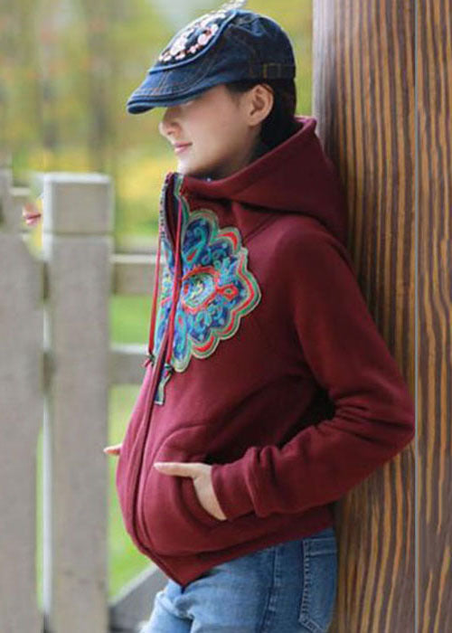 Mulberry Hooded Embroideried Warm Fleece Jacket Winter