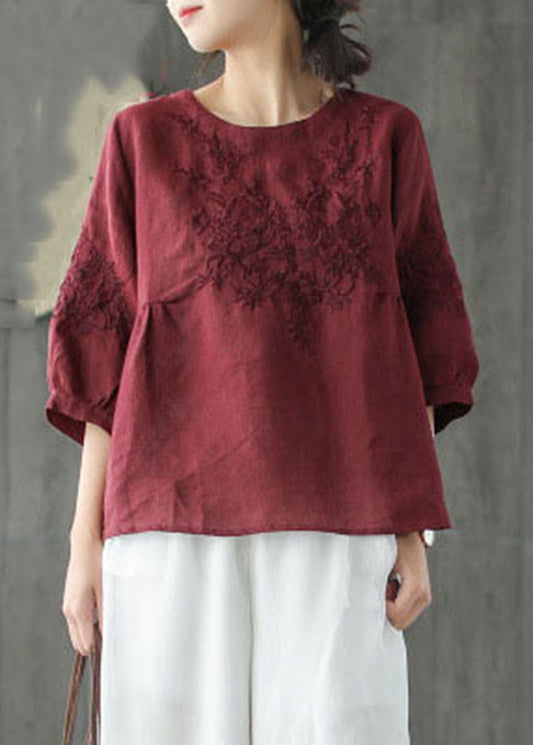 Mulberry O-neck Embroideried Tops Spring