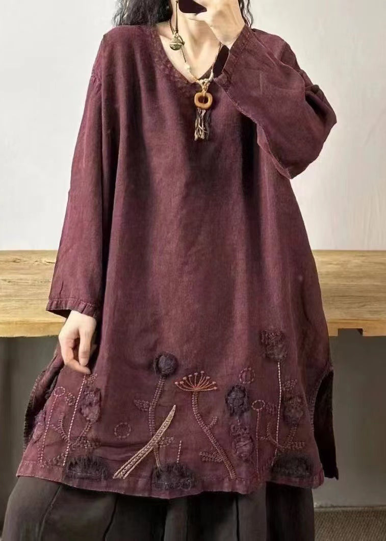 Mulberry V Neck Embroidered Patchwork Linen Mid Dresses Fall