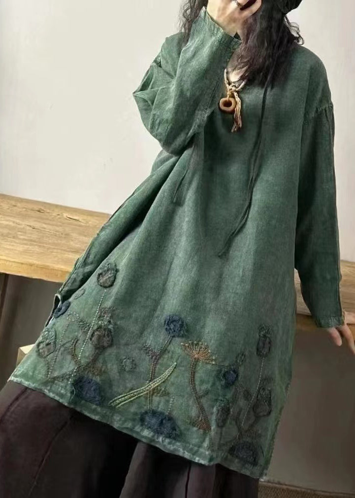 Yellow Sunflower V Neck Embroidered Patchwork Linen Mid Dresses Fall