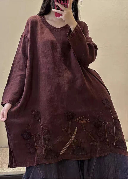 Mulberry V Neck Embroidered Patchwork Linen Mid Dresses Fall