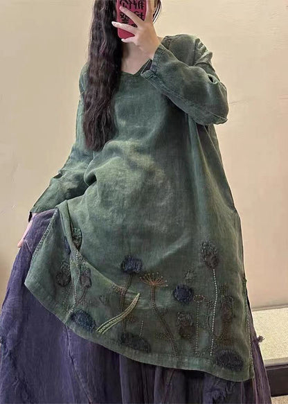 Yellow Flower V Neck Embroidered Patchwork Linen Mid Dresses Fall