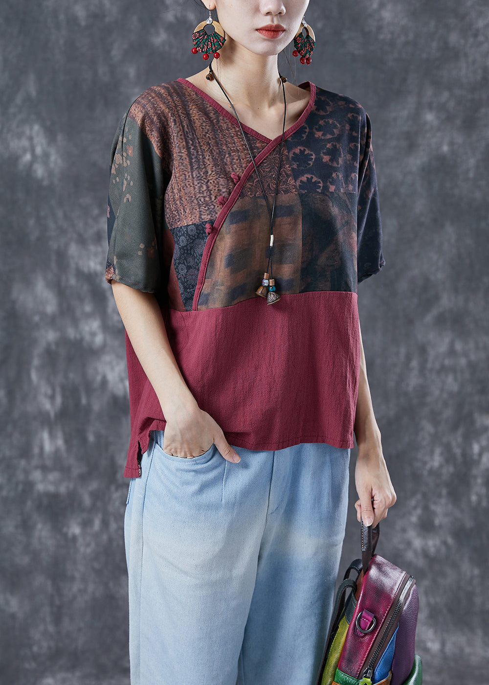 Mulberry V Neck Patchwork Print Linen Shirt Summer