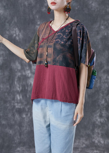 Mulberry V Neck Patchwork Print Linen Shirt Summer
