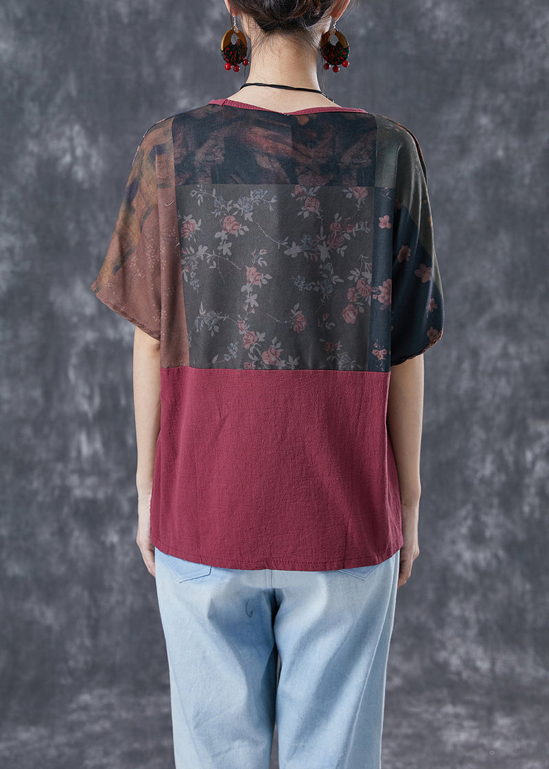 Mulberry V Neck Patchwork Print Linen Shirt Summer