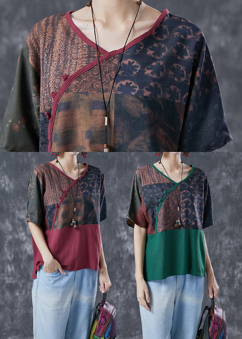 Mulberry V Neck Patchwork Print Linen Shirt Summer