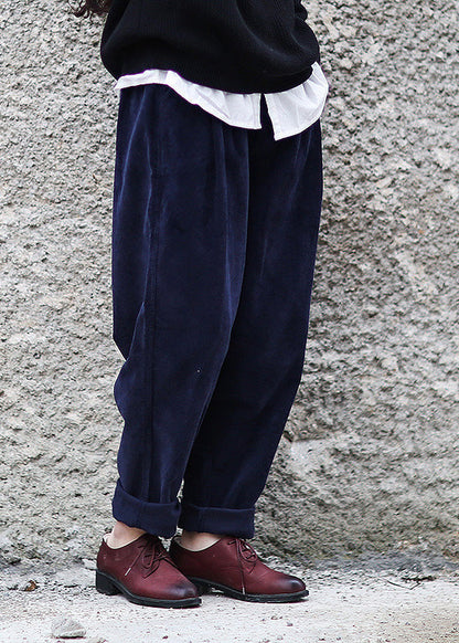 Navy Blue Elastic Waist Corduroy Harem Pants Spring