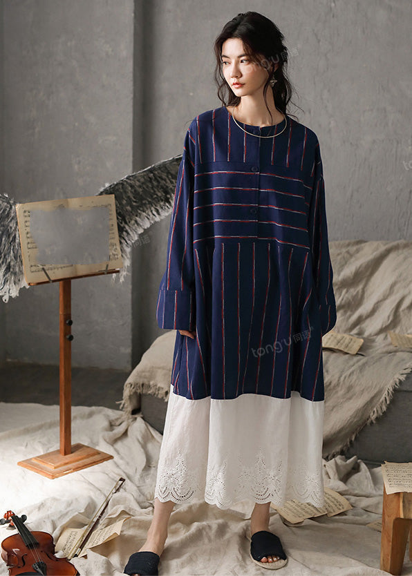 Navy Blue O-neck Striped Patchwork Cozy Cotton Long Dress Long Sleeve