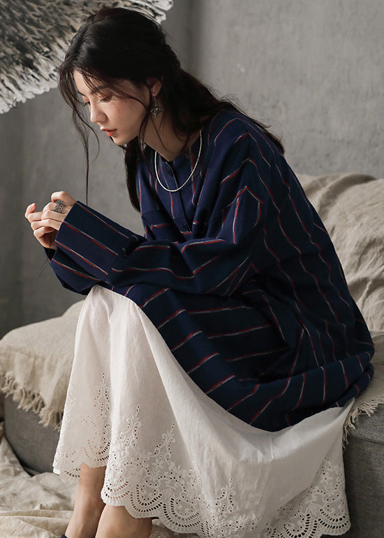 Navy Blue O-neck Striped Patchwork Cozy Cotton Long Dress Long Sleeve